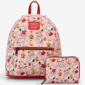 New! Loungefly Peanuts Snoopy & Woodstock Valentine's Day Mini Backpack + WALLET